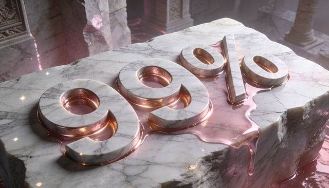 99% rose-gold marble numerals melting into glossy pink pool on marble slab sculpture