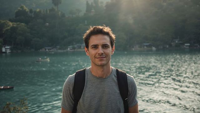 Young man standing by serene mountain lake with backpack at golden hour travel portrait