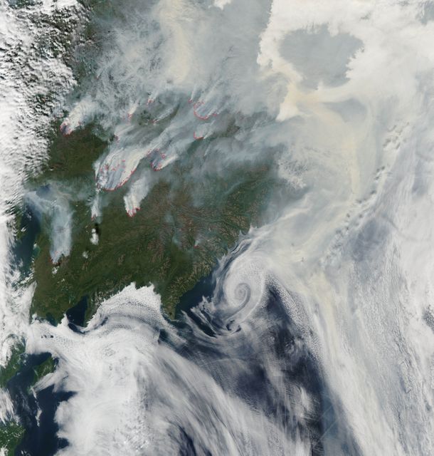 NASA image acquired August 1, 2010  Intense fires continued to burn in the boreal forests of eastern Siberia on August 1, 2010. The fires are outlined in red in this image, acquired by the Moderate Resolution Imaging Spectroradiometer (MODIS) on NASA’s Aqua satellite. The fires span the borders of Russia’s Chukotskiy, Magadan, and Koryakskiy provinces.      Burning in coniferous (evergreen) forests, the fires blanketed northeastern Siberia with thick brown smoke. The smoke hugs the ground near the fires, filling valleys, and soars over clouds farther away from the flames. On August 1, the smoke flowed north from the fires and over the Arctic Ocean. A wide view of the Arctic shows the smoke crossing the Bering Strait and clouding skies over northern Alaska.  This image is available in additional resolutions from the MODIS Rapid Response Team here: <a href="http://rapidfire.sci.gsfc.nasa.gov/gallery/?2010213-0801/Russia.A2010213.0045.2km.jpg" rel="nofollow">rapidfire.sci.gsfc.nasa.gov/gallery/?2010213-0801/Russia....</a>  To view more images from this event go to: <a href="http://earthobservatory.nasa.gov/NaturalHazards/event.php?id=44561" rel="nofollow">earthobservatory.nasa.gov/NaturalHazards/event.php?id=44561</a>  NASA image courtesy Jeff Schmaltz, MODIS Rapid Response Team at NASA GSFC.   Caption by Holli Riebeek  Instrument: Aqua - MODIS  <b><a href="http://www.nasa.gov/centers/goddard/home/index.html" rel="nofollow">NASA Goddard Space Flight Center</a></b>  is home to the nation's largest organization of combined scientists, engineers and technologists that build spacecraft, instruments and new technology to study the Earth, the sun, our solar system, and the universe.  <b>Follow us on <a href="http://twitter.com/NASA_GoddardPix" rel="nofollow">Twitter</a></b>  <b>Join us on <a href="http://www.facebook.com/pages/Greenbelt-MD/NASA-Goddard/395013845897?ref=tsd" rel="nofollow">Facebook</a><b></b></b>
