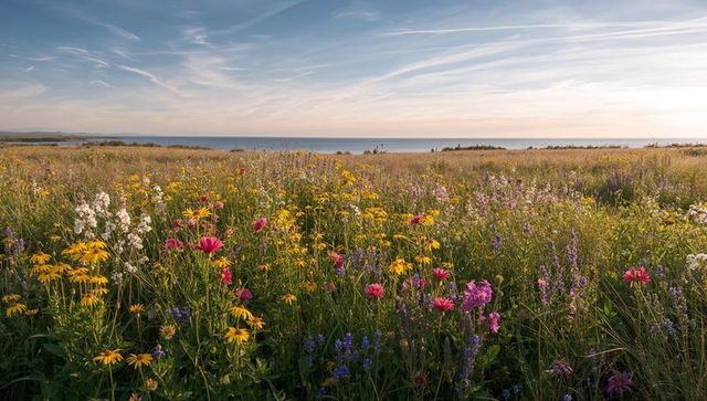 Sunset coast wildflower meadow with yellow daisies, pink coneflowers and purple spikes