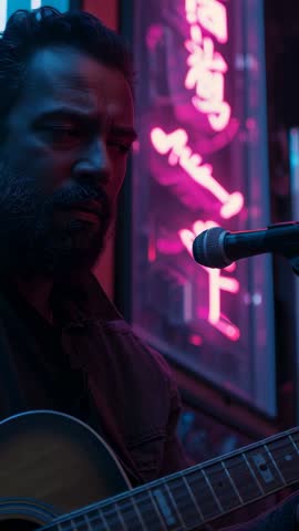 Bearded guitarist singing and strumming under neon sign in intimate city bar vertical video