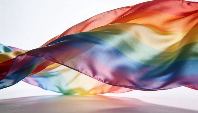 Flowing rainbow satin fabric waving over white tabletop casting soft color reflections