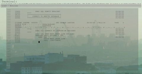 Translucent terminal overlay showing sql code over misty industrial harbor cranes