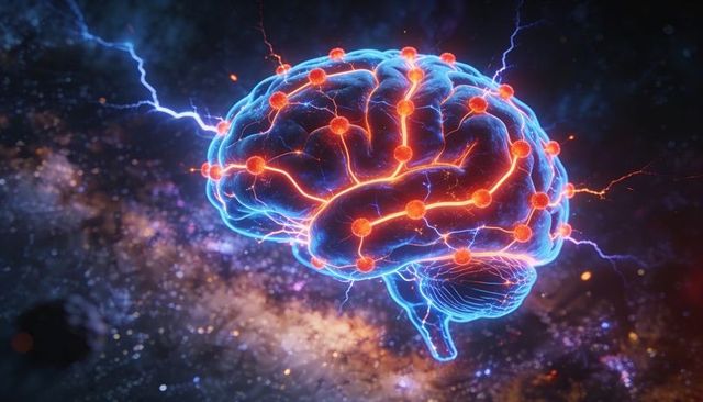 Neon brain network pulsing with glowing nodes and electric arcs over cosmic background