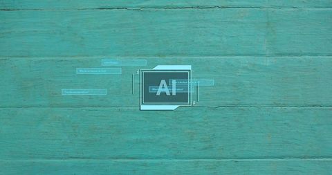 Ai interface on weathered turquoise wood background with chat bubbles and negative space