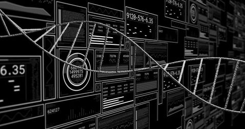 Monochrome dna double helix hovering over futuristic genomics data dashboard hud
