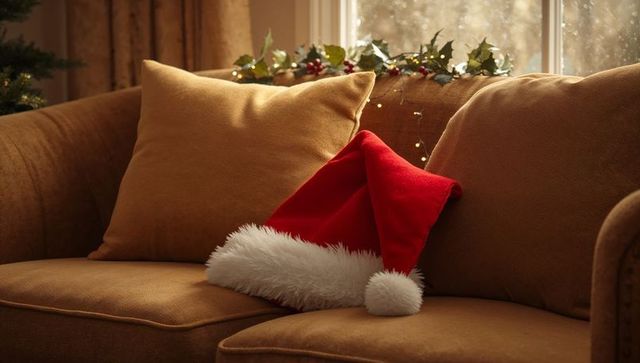Red Santa Hat Resting on Tan Sofa with Holly Garland and Fairy Lights