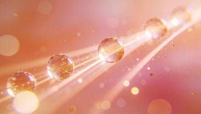 Glowing glass droplets on diagonal light trails with gold flecks and pink gradient
