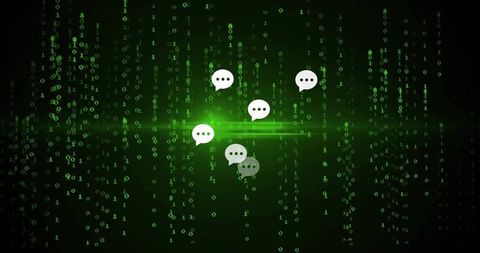 Floating chat bubbles on neon binary matrix representing cyber messaging network