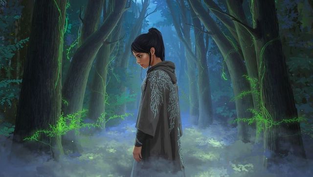 Teen Wanderer in Misty Twilight Forest Wearing Embroidered Hooded Cloak with Luminous Vines