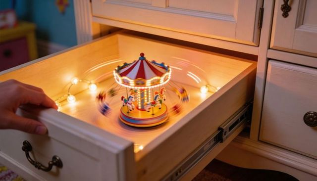 Spinning carousel music box glowing in nursery drawer with hand and string lights