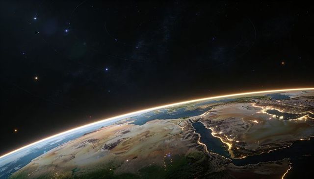 Sunlit terminator over north africa and middle east from low earth orbit with city lights