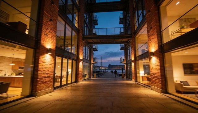 Walking toward pier through illuminated brick and glass corridor at dusk on harbor promenade