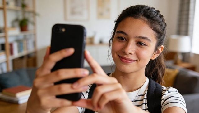 Teen girl holding smartphone smiling while viewing screen in living room with backpack