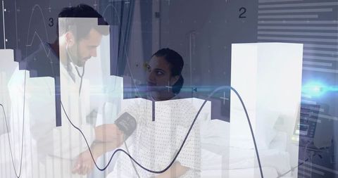 Doctor checking patient blood pressure in hospital room with waveform data overlays