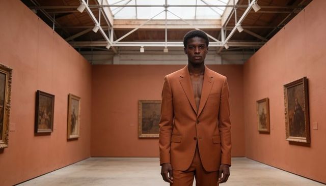 Standing male model wearing rust suit revealing bare chest in terracotta gallery beneath skylight