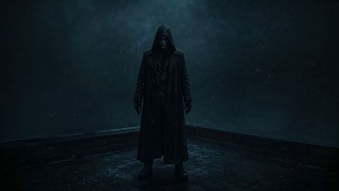 Hooded assassin figure standing on rainy rooftop at night