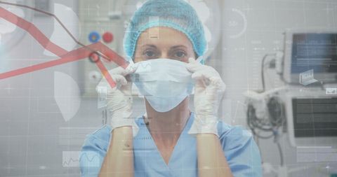 depicting a female surgeon preparing for surgery with a high-tech backdrop of digital data overlay. this image suggests advanced medical procedures within a high-tech environment, highlighting the integration of technology in healthcare. useful for illustrating themes related to medical innovation, healthcare data analytics, or futuristic approaches in surgical environments.