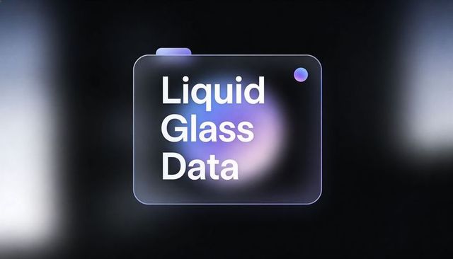 Floating frosted glass ui card reading liquid glass data with purple glow and soft bokeh
