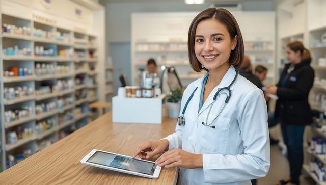 Smiling pharmacist in professional lab coat using tablet