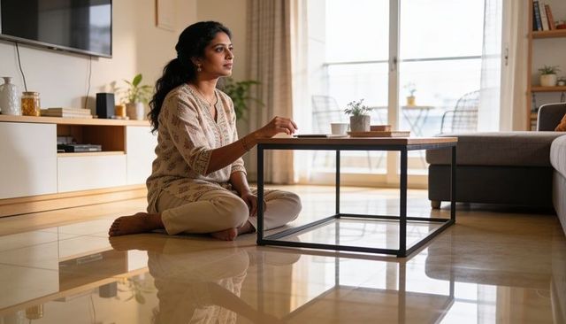 Sitting indian woman reaching for cup in sunlit modern living room, barefoot and serene