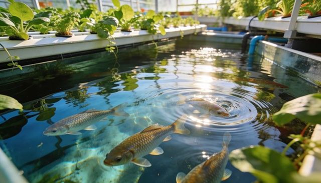 Koi swimming in sunlit aquaponic tank with hydroponic greens and rippling water
