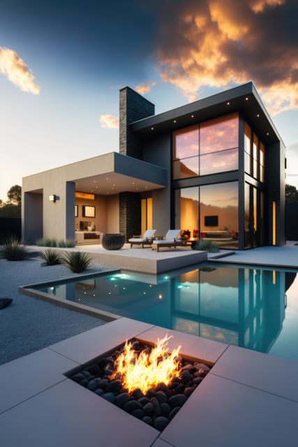 Modern mansion surrounded with swimming pool and fireplace, created using generative ai technology. Modern architecture, house and design concept digitally generated image.