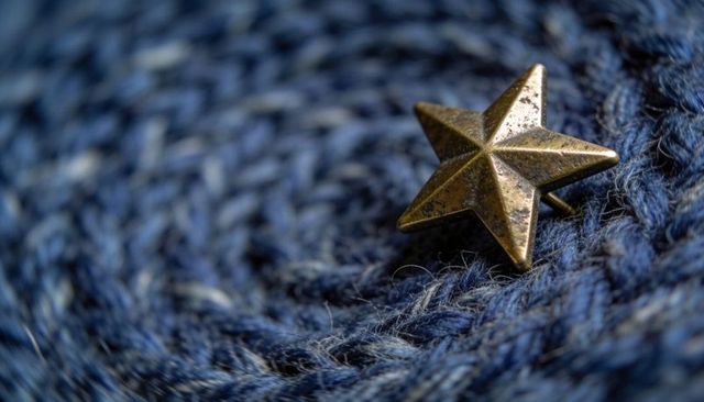 Tarnished brass star pin resting on deep blue knit sweater closeup macro with patina