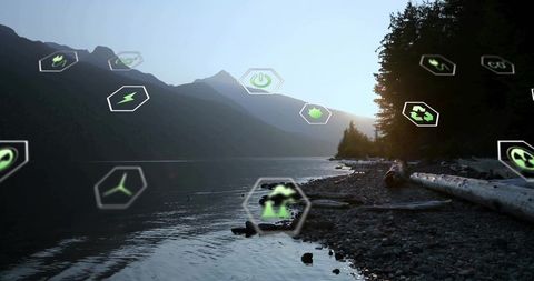 Renewable Energy Icons Over Serene Lakeview Reflects Eco-Friendly Future