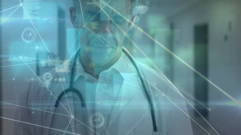 Senior Doctor Utilizing Digital Technology with Network Graphics