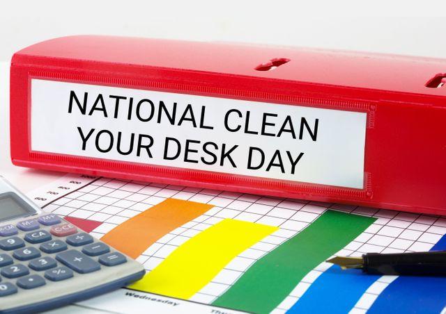 Composite image of national clean your desk day text on folder by graph and calculator. national clean your desk day, business and self awareness concept.