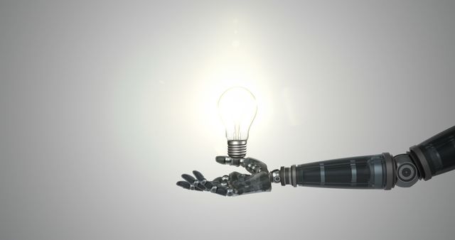 This image depicts a futuristic robotic hand holding an illuminated lightbulb against a neutral white background, symbolizing innovation and creativity with advanced technology. Ideal for use in contexts that discuss artificial intelligence, technological advances, and creative ideas in technology marketing, editorial pieces, or educational materials about the future of robotics and microtechnologies.