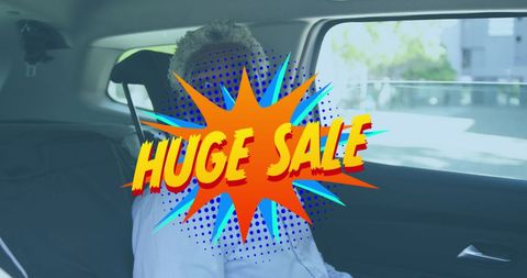 Huge Sale Banner Overlay on Businessman in Car