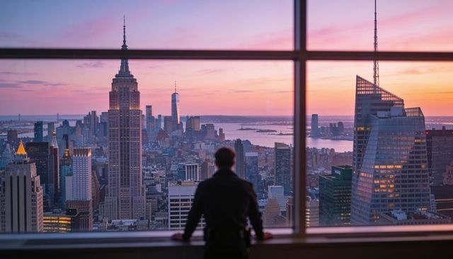 Silhouette man overlooking new york city skyline at sunset from high-rise observation deck