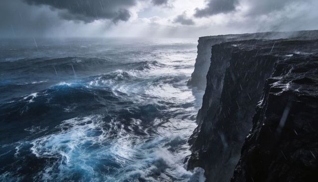 Raging Atlantic Waves Crashing Against Jagged Coastal Cliff Under Dark Storm Clouds