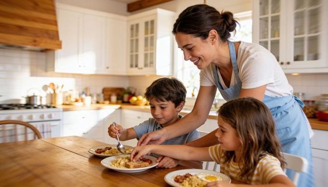 Mother serving hot breakfast to children at sunlit wooden kitchen table