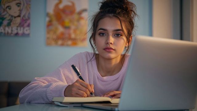 Woman Studiously Taking Notes in Comfortable Bedroom Setting