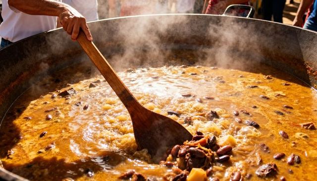 Stirring giant outdoor bean stew in sunlit cauldron at street market festival with wooden paddle