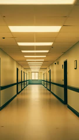 Sliding camera moving down empty hospital corridor with fluorescent ceiling lights and doors