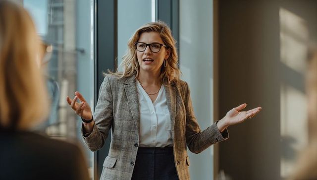 Confident female executive presenting in boardroom, checked blazer, glasses, gesturing
