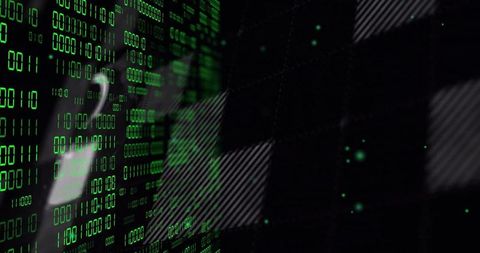 Displaying neon binary code columns with diagonal grid for futuristic data visualization
