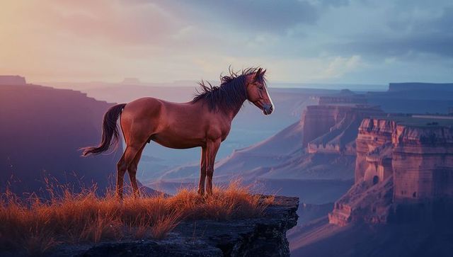 Majestic Horse Overlooking Grand Canyon View, Serenity in Wilderness