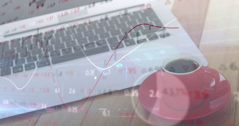 Financial Data Overlay with Laptop and Coffee Cup - Download Free Stock Images Pikwizard.com