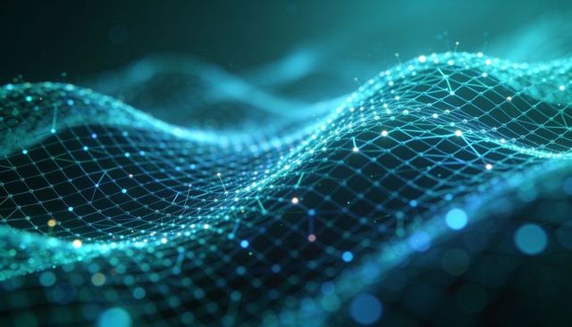 Flowing glowing digital mesh network with luminous nodes and teal neon data waves