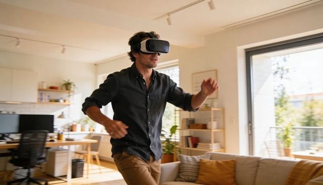 Man experiencing virtual reality wearing vr headset in modern sunlit apartment living room