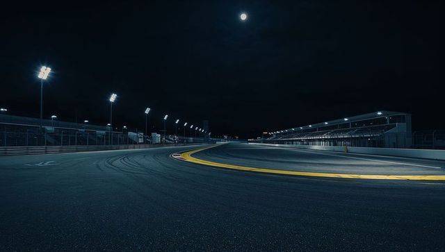Nighttime motorsport track with full moon and floodlights