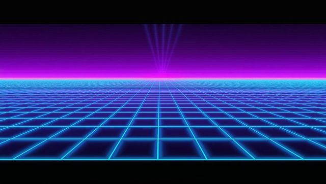Futuristic neon grid landscape with magenta horizon
