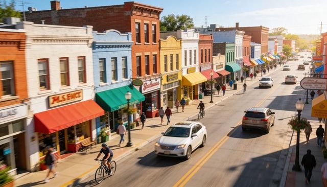 Bustling small-town main street featuring colorful storefronts, pedestrians and cyclists