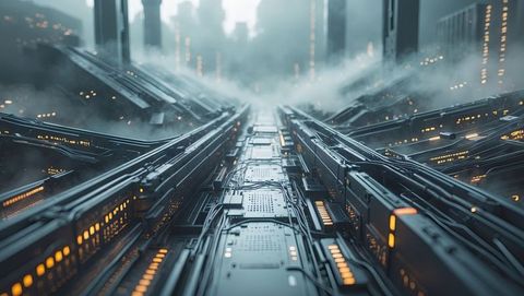 Futuristic Metallic Corridor with LED Technology and Server Racks