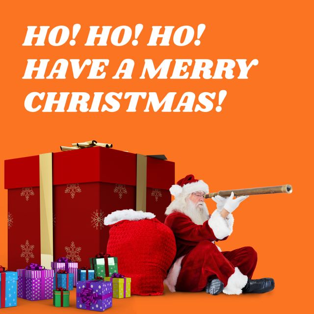 Santa Claus with Telescope beside Gifts and Merry Christmas Message - Download Free Stock Templates Pikwizard.com